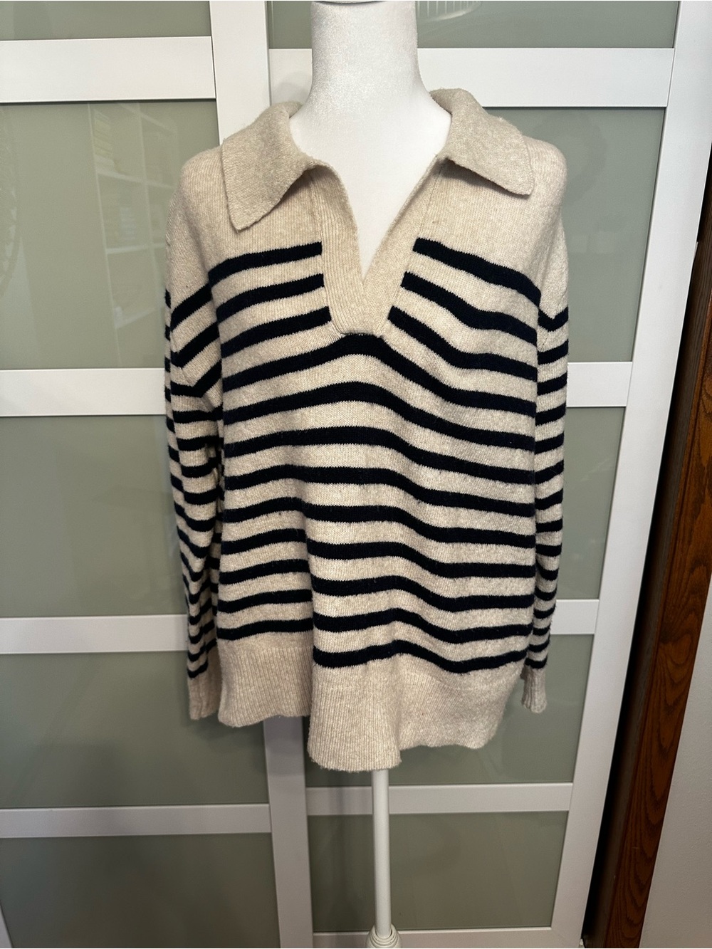 Striped V-Neck Collared Sweater in Cream and Black